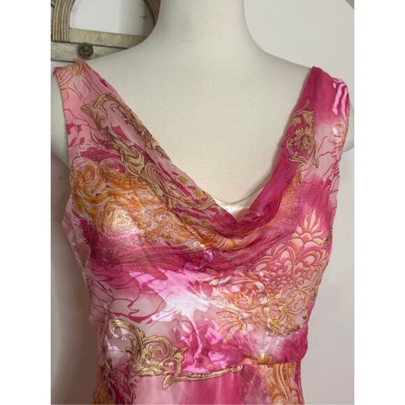 Victor Costa Y2K Pink and Yellow Paisley Silk Party Dress 12 - Picture 7 of 7